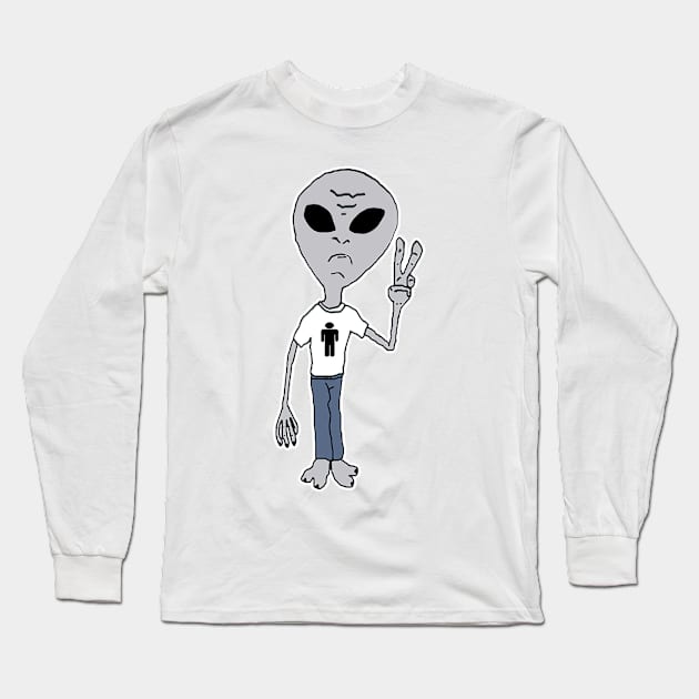 Friendly Funny Peace Alien Long Sleeve T-Shirt by JerryWLambert